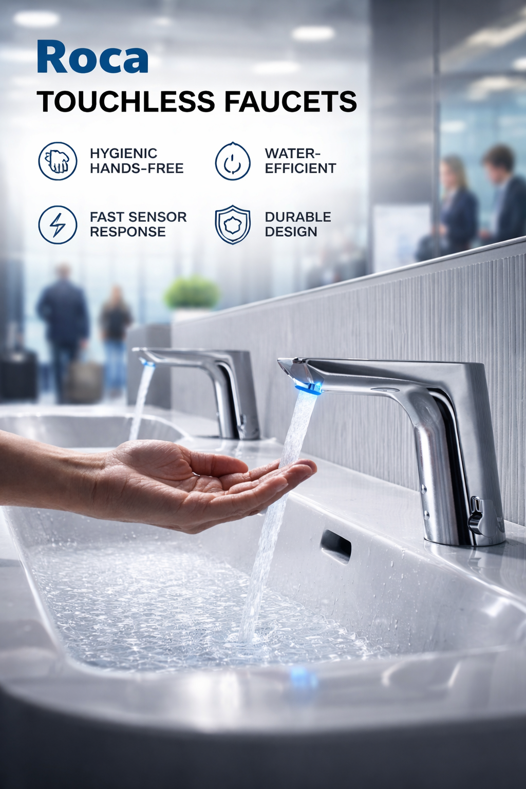 Roca touchless faucets in airports, train stations, and transportation hubs